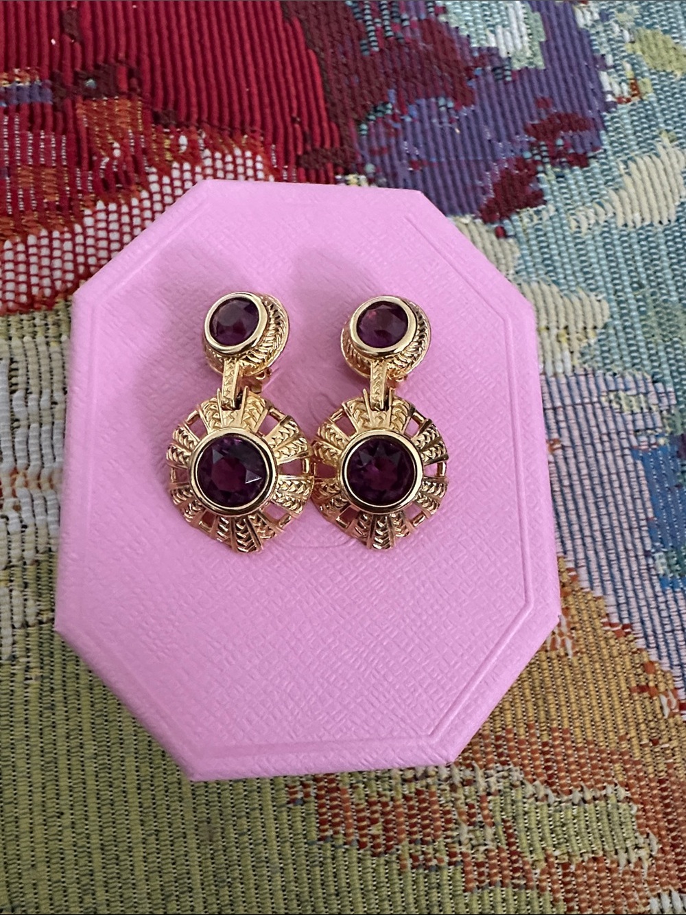 Swarovski Gold Drop Earrings with Deep Purple Stones